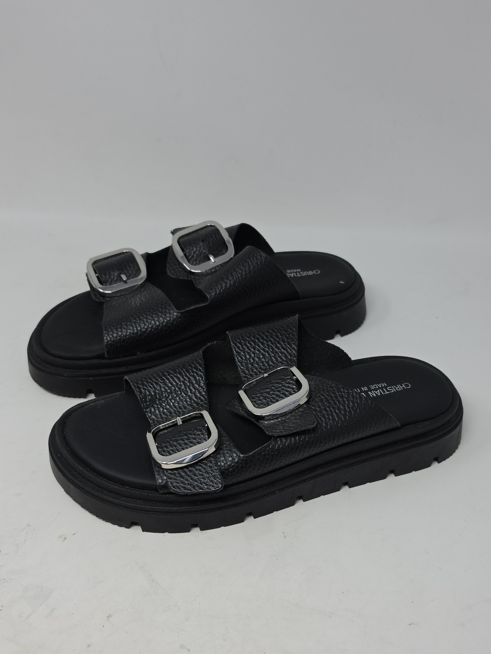 Christian Di Riccio Double-Buckle Black Platform Slide Sandals Size 39